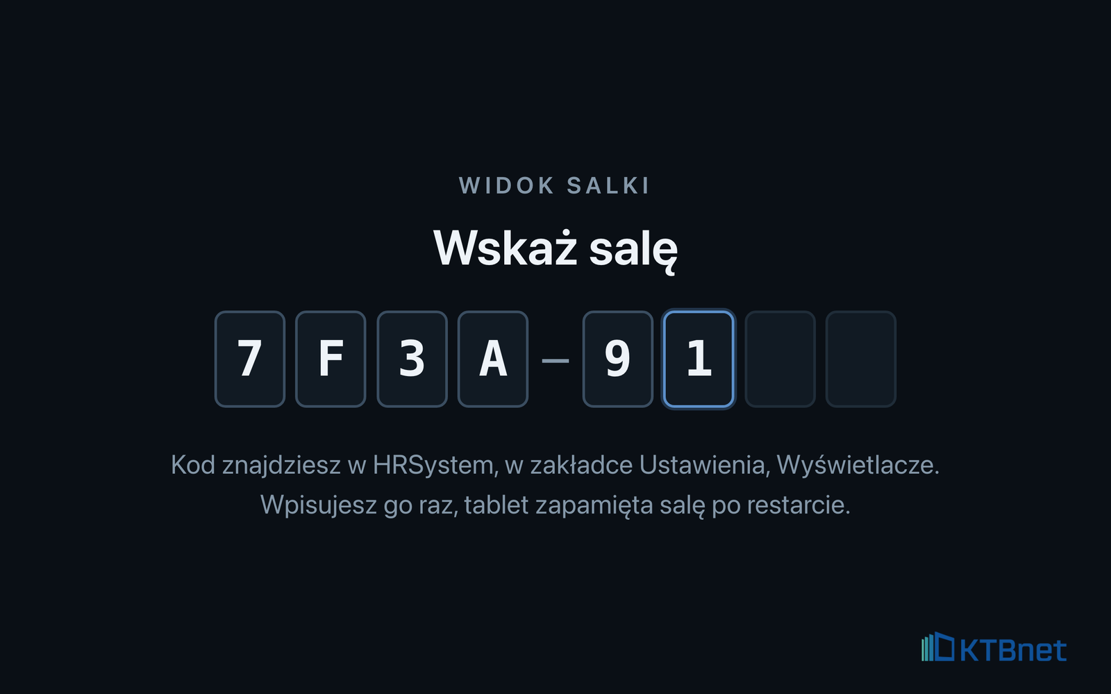 Ekran parowania: pole na kod salki w formacie 7F3A-91.., z instrukcją, gdzie znaleźć kod w HRSystem